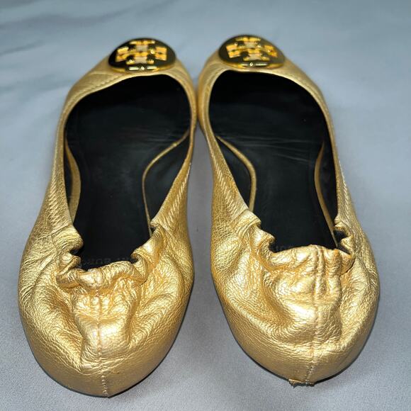 TORY BURCH Reva Ballet Flat Shoe Womens sz 8.5 Metallic Leather Gold Medallion - Picture 11 of 11